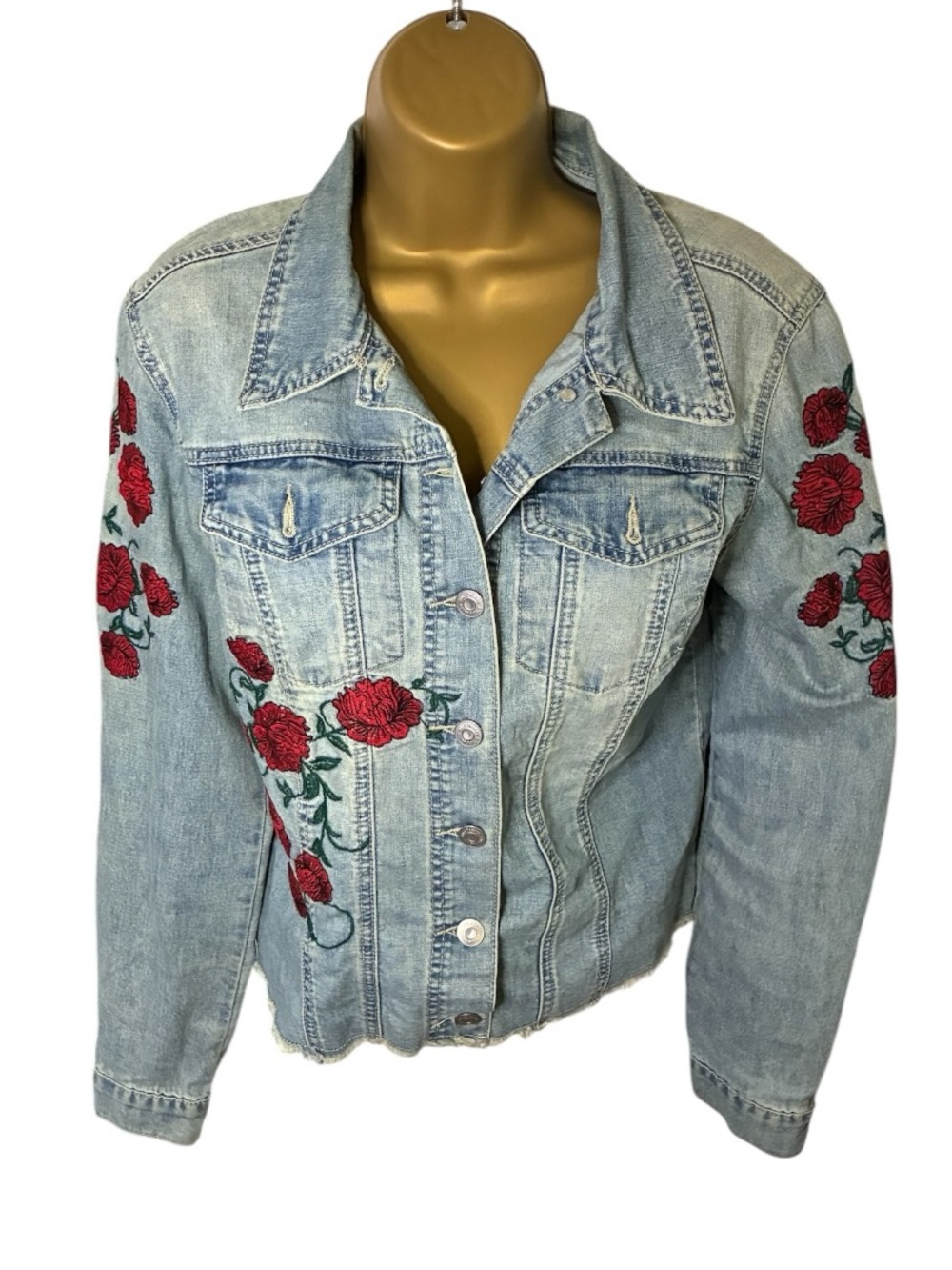 90s Y2K Blue Desire Embroidered Floral Denim Jacket Light Wash Cropped S Juniors